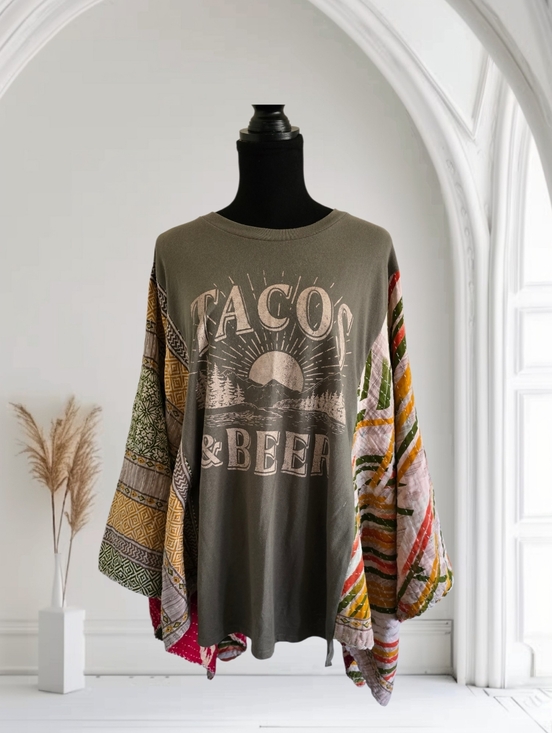 Upcycled Tacos & Beer Tee With Kantha Sleeves, OS - Picture 2 of 4